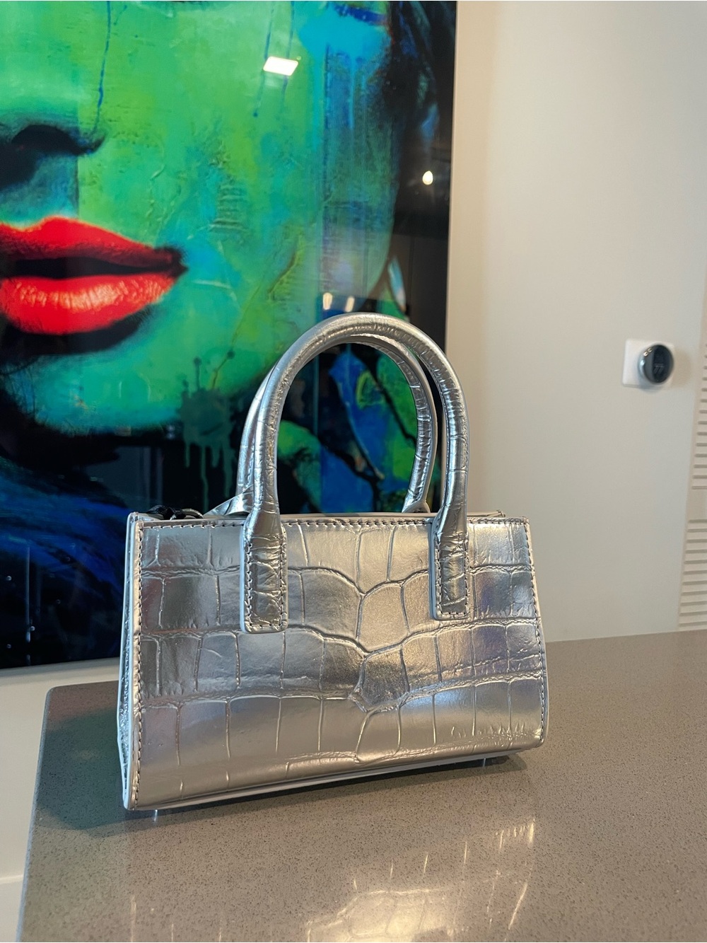 Versace Silver Croc-Embossed Mini Tote with Detachable Strap - Picture 5 of 16